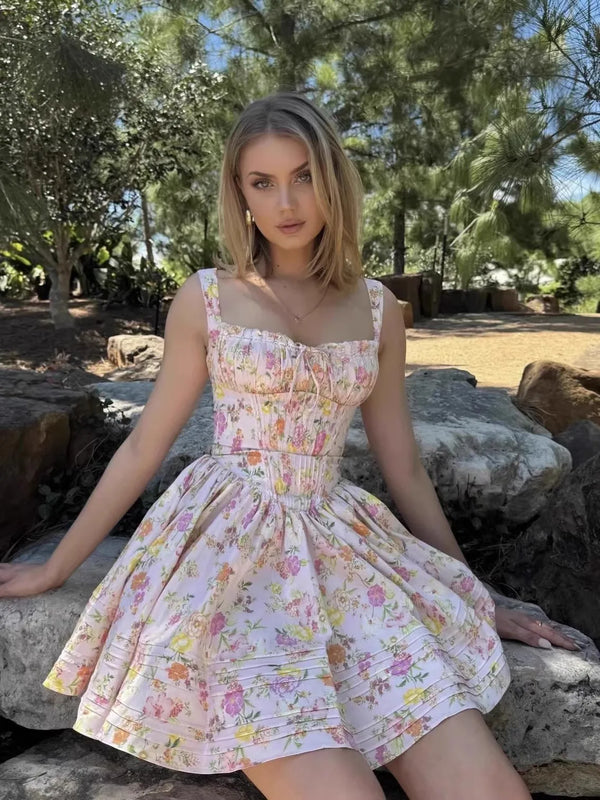 BOHO INSPIRED Women's Adjustable Floral Mini Dress - Pintuck Detail & Lace Trim | Summer Boho Party Dress