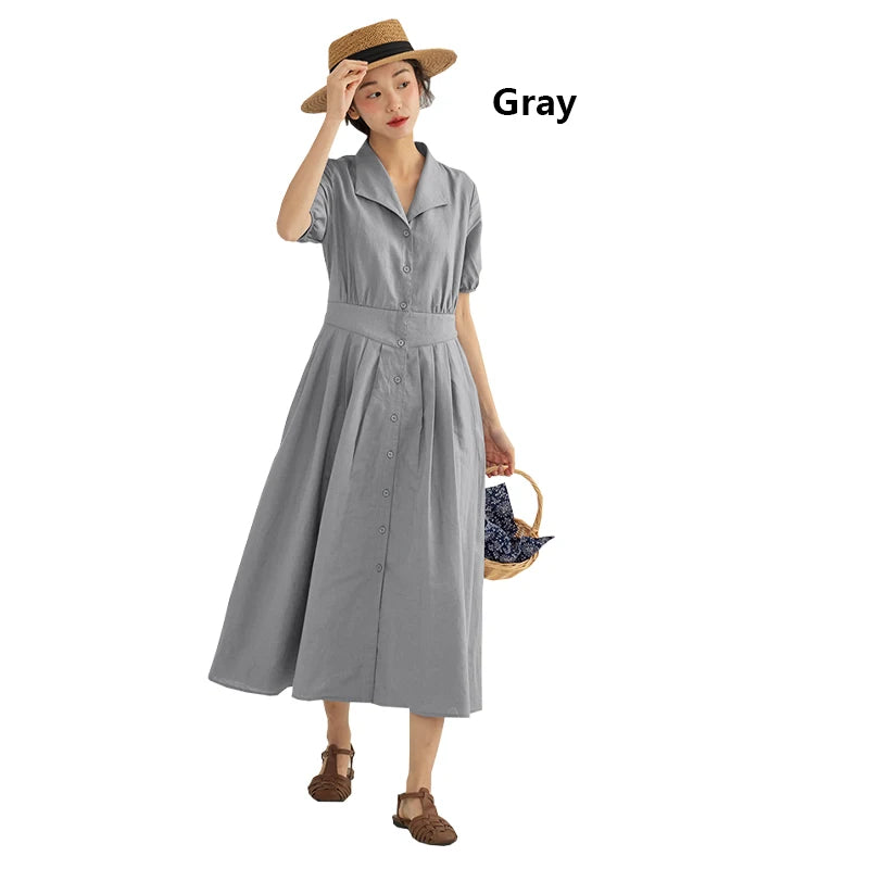 Vintage Linen Midi Dress | Elegant Lapel Collar Dress with Lantern Sleeves - Women's Single-Breasted Summer Dress