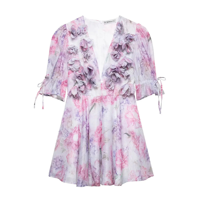 DUOPERI Women's 2025 Floral Pleated Mini Dress - V-Neck Chiffon Dress with Butterfly Sleeves | Spring-Summer Collection
