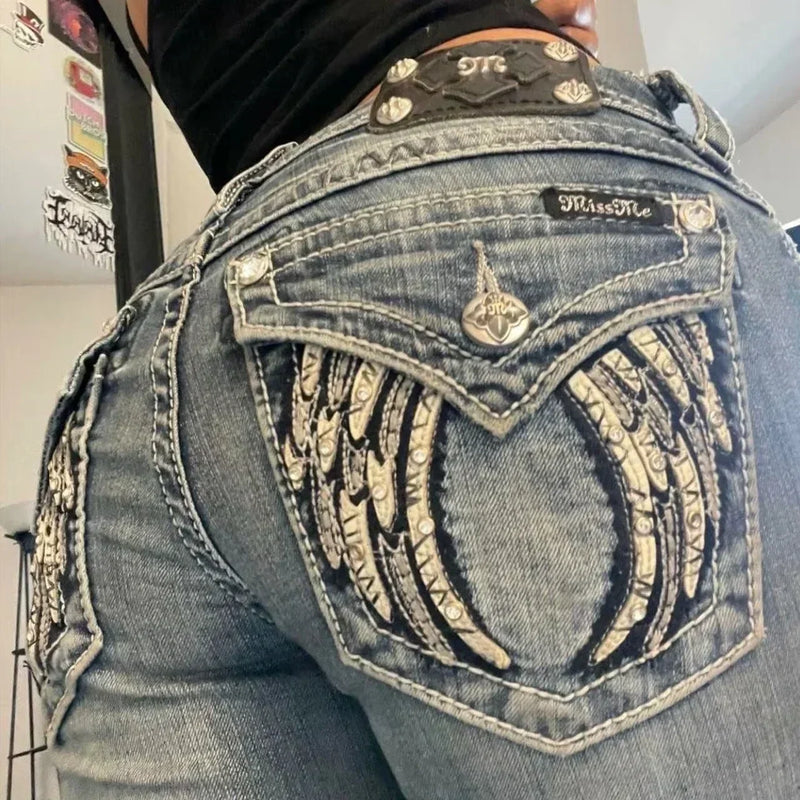 Embroidery Baggy Jeans | Women's Harajuku Streetwear | Vintage High-Street Hip Hop Trousers (Cotton-Poly Blend)
