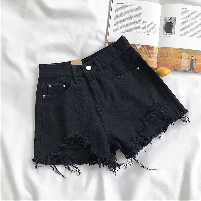 Women's Distressed High-Waist Denim Shorts: Ripped Tassel Detail Streetwear Hot Pants