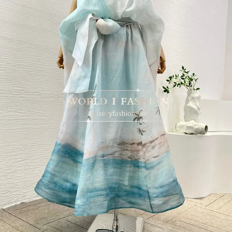 Women's Light Blue Linen-Silk Maxi Dress | Fairycore Beach Dress with Beading & Bow Details