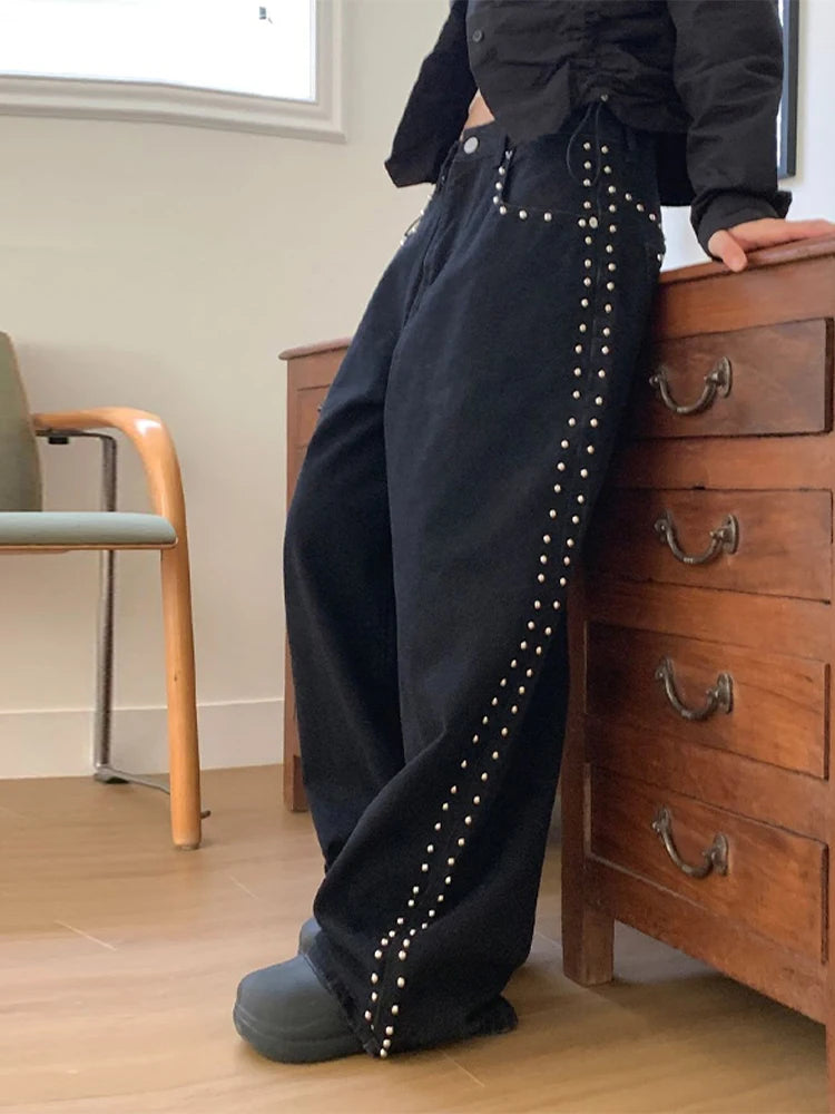 Women's Wide-Leg Jeans | High-Waisted Metal Rivet Denim | Distressed Vintage Trousers with Embroidered Flares