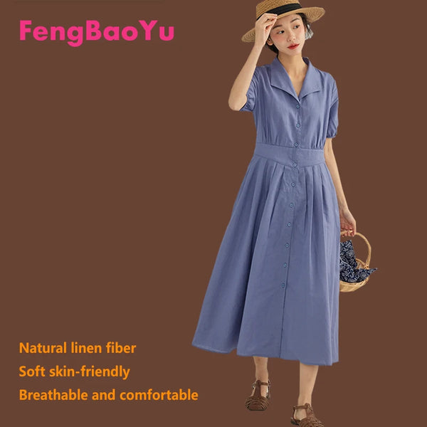 Vintage Linen Midi Dress | Elegant Lapel Collar Dress with Lantern Sleeves - Women's Single-Breasted Summer Dress