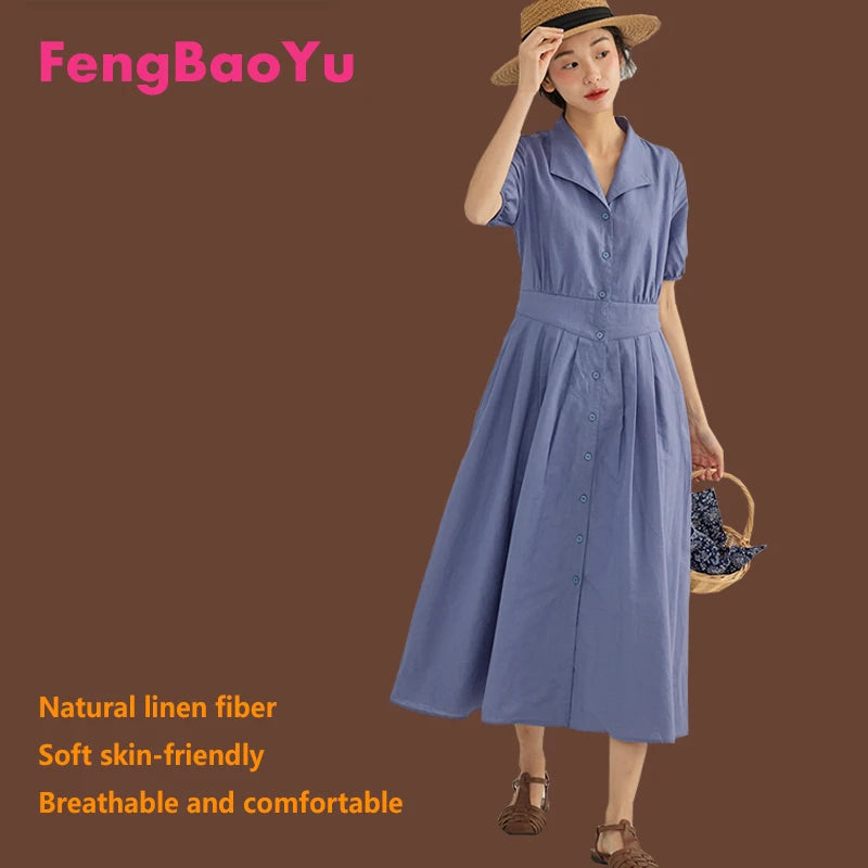 Vintage Linen Midi Dress | Elegant Lapel Collar Dress with Lantern Sleeves - Women's Single-Breasted Summer Dress