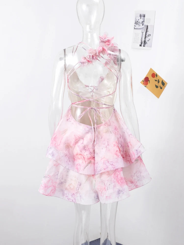 Women's 3D Floral Mini Dress - Imperial Waist A-Line w/ Puff Shoulders & V-Neck | Spring 2025 Beach-to-Evening