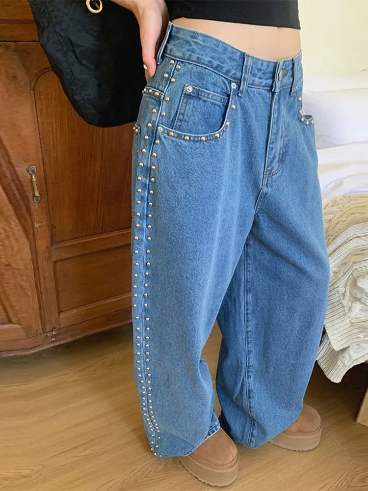 Women's Wide-Leg Jeans | High-Waisted Metal Rivet Denim | Distressed Vintage Trousers with Embroidered Flares