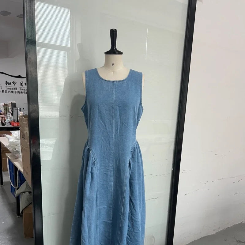 Backless Lace-Up Denim Maxi Dress | Sleeveless A-Line Summer Dress with Adjustable Corset Detail - High Street Fashion