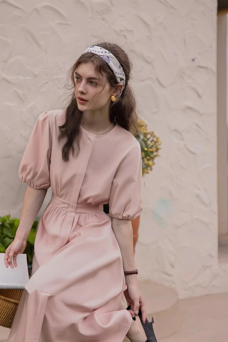 Women's Pleated Puff Sleeve Midi Dress | Office & Summer Casual Dress in Pink