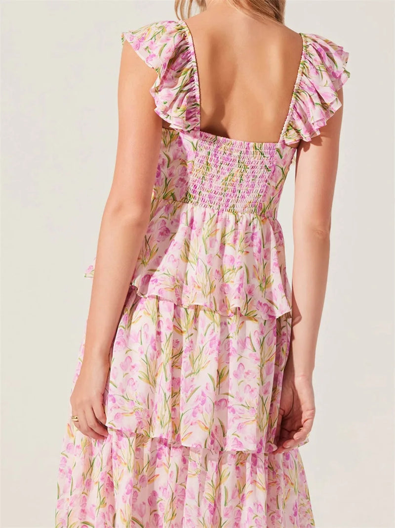 Off-Shoulder Floral Midi Dress | Ruffled Layer Summer Dress - Women's Cap Sleeve Party Dress for Garden Weddings