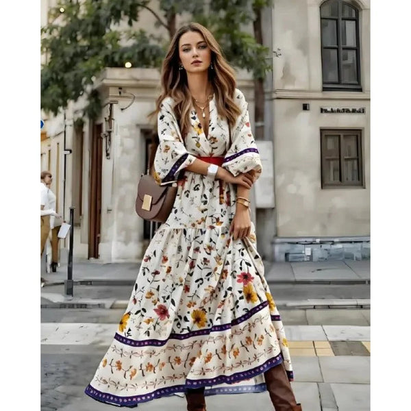 Boho Floral Lantern Sleeve Maxi Dress | V-Neck Ankle-Length Summer Dress with Sash Detail - Beach Cover Up & Vacation Outfit