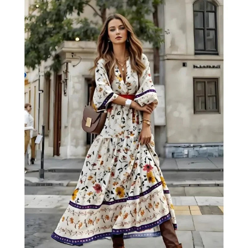 Boho Floral Lantern Sleeve Maxi Dress | V-Neck Ankle-Length Summer Dress with Sash Detail - Beach Cover Up & Vacation Outfit