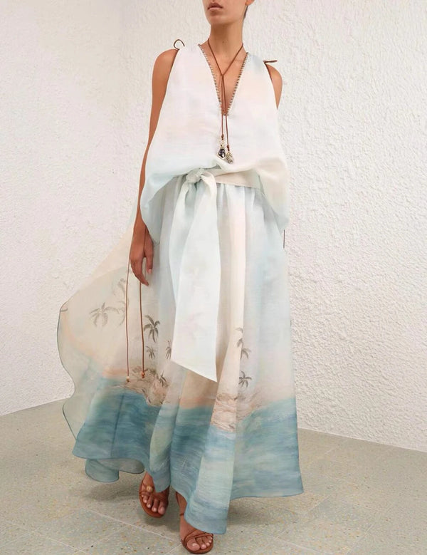 Women's Light Blue Linen-Silk Maxi Dress | Fairycore Beach Dress with Beading & Bow Details