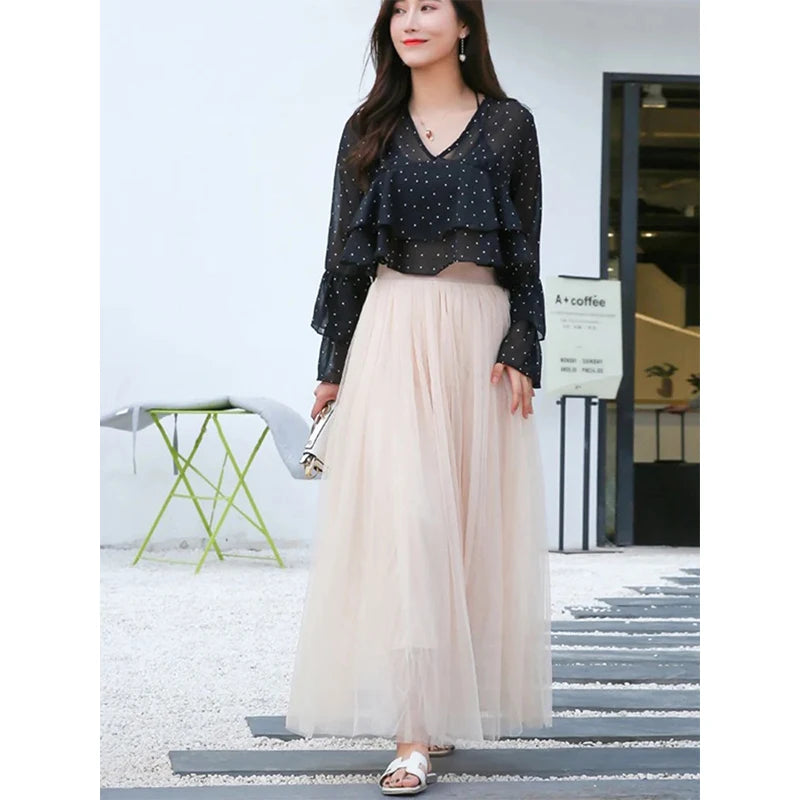 Korean A-Line Tulle Skirt | Empire Waist Mid-Calf Mesh Skirt | Vintage Pleated Streetwear