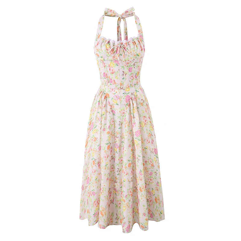 Backless Halter Midi Dress | Floral Lace Trim Dress with Low Waist - Women's Sexy Summer Party Dress