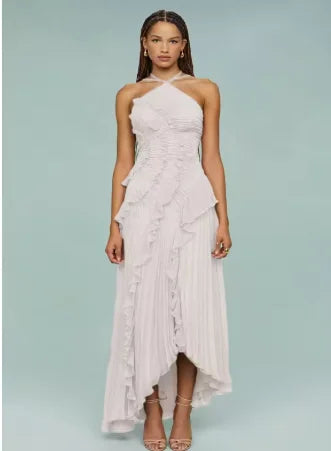 Backless Lace-Up Evening Gown | Elegant Ruffled Neckline A-Line Maxi Dress - Women's Formal Party & Vacation Dress