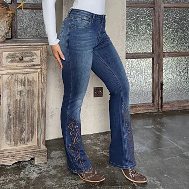 Women's Distressed Cowgirl Bootcut Jeans | High-Waisted Vintage Denim | Gold Stud Embroidery & Western Detailing