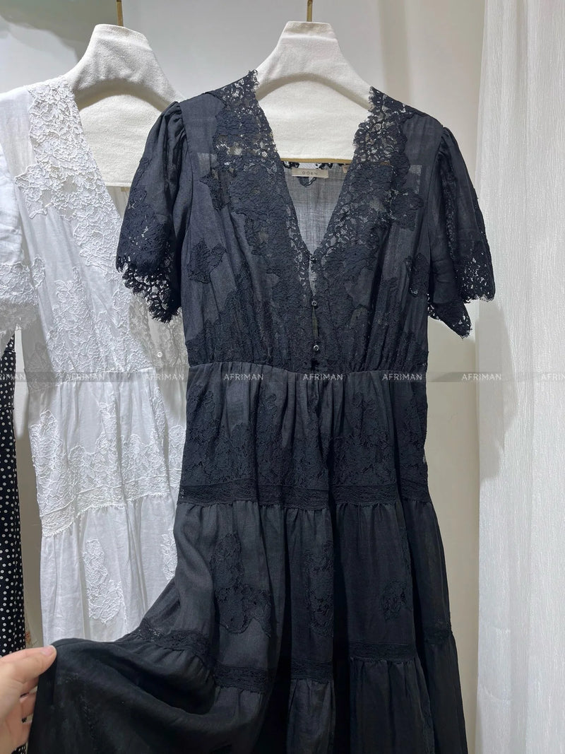 Breathable Ramie Midi Dress | Lace-Embroidered V-Neck Summer Dress - Women's Vintage Hollow Out Lace Dress