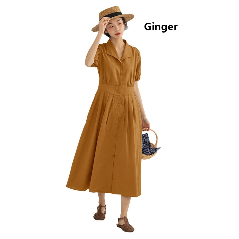 Vintage Linen Midi Dress | Elegant Lapel Collar Dress with Lantern Sleeves - Women's Single-Breasted Summer Dress
