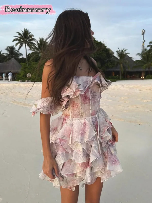 Floral Chiffon Mini Dress | Ruffled Empire Waist Dress - Women's Boat Neck Summer Party Dress