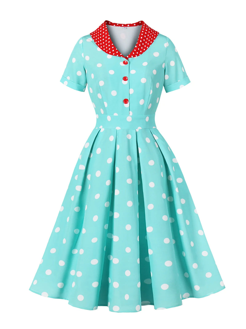 1950s Vintage Polka Dot Dress | Contrast Lapel Midi Dress with Button Front - Women's Retro Summer Party Dress