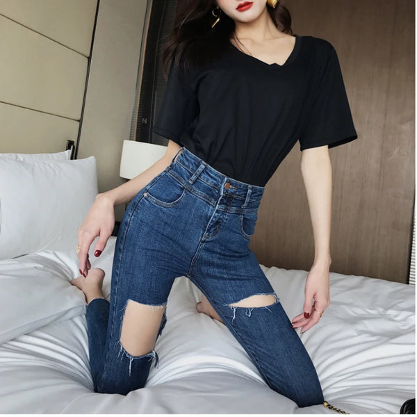 Women's Harajuku Skinny Jeans | Vintage High-Waisted Ripped Ankle Trousers | Stretch Cropped Pencil Pants