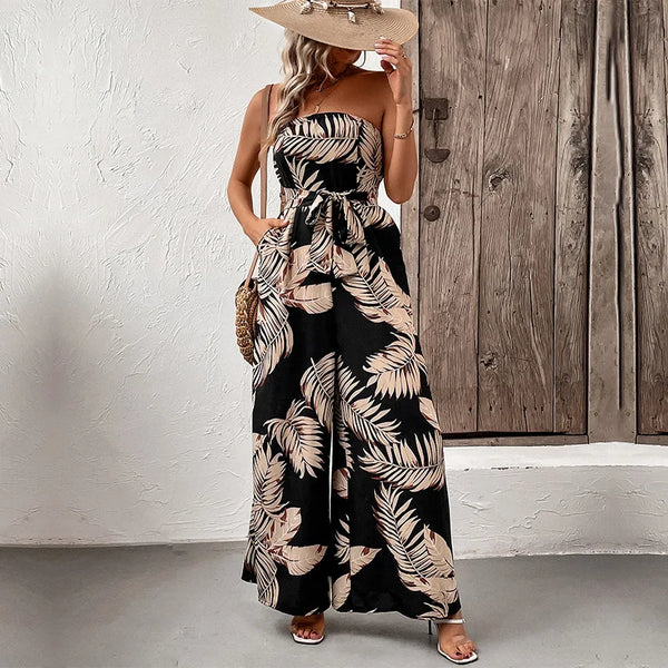 Bohemian Floral Maxi Romper: Adjustable Strap Jumpsuit with Sequined Detailing