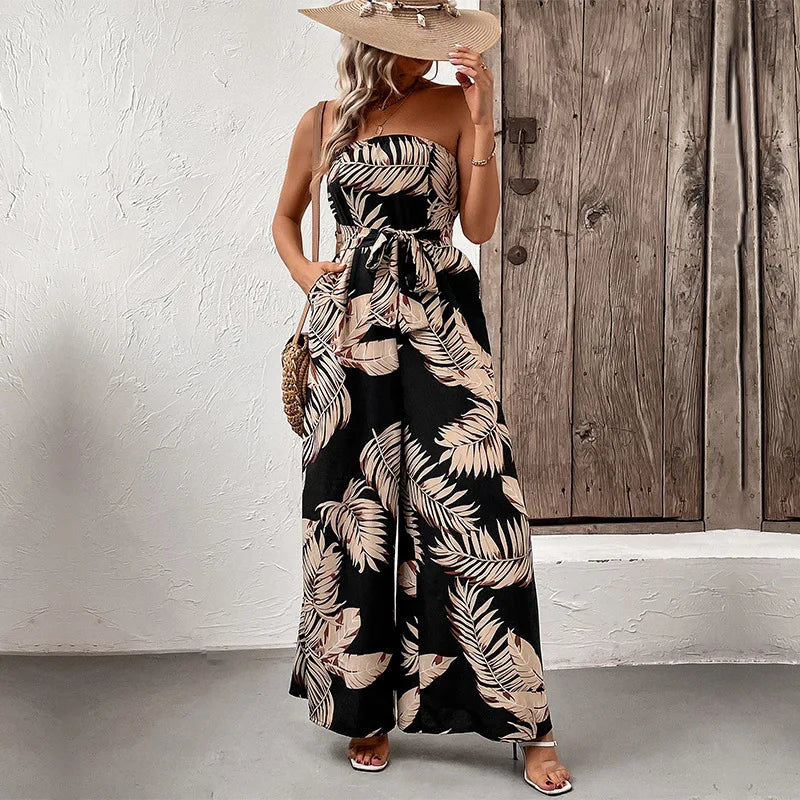 Bohemian Floral Maxi Romper: Adjustable Strap Jumpsuit with Sequined Detailing