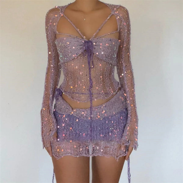 Sexy Sequins Knitted Hollow Out Two Piece Set Women Long Sleeve Cropped Top Mini Skirts 2025 Fashion Skirt Sets Female Outfits