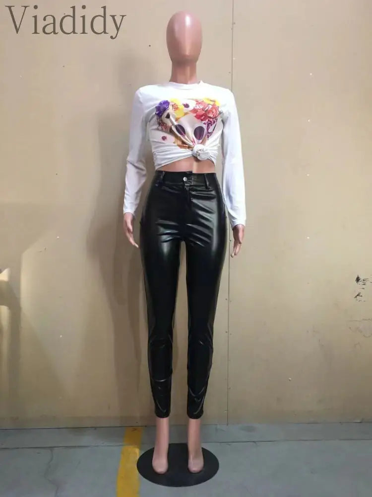 Viadidy Women's High Waist PU Leather Pencil Pants - Skinny Fit Winter Trousers with Elastic Waist & Pockets