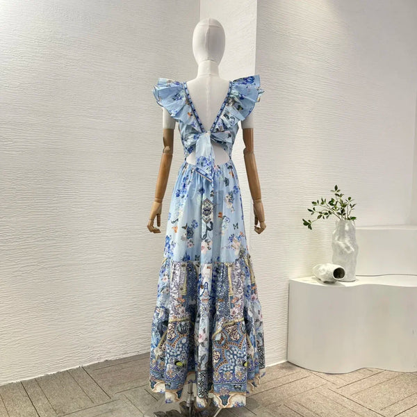 Vintage Blue Floral Maxi Dress | 100% Cotton Butterfly Sleeve Dress with Deep V-Neck & Empire Waist - Spring Summer Elegance