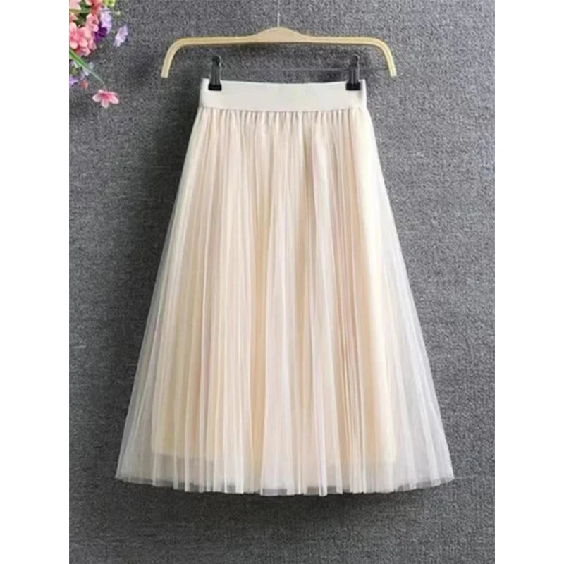 Korean A-Line Tulle Skirt | Empire Waist Mid-Calf Mesh Skirt | Vintage Pleated Streetwear