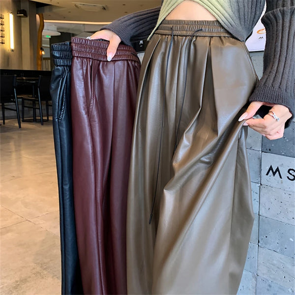 Women's Vintage PU Leather Pants | High Waist Wide-Leg Trousers | Adjustable Lace-Up Waist + Pockets