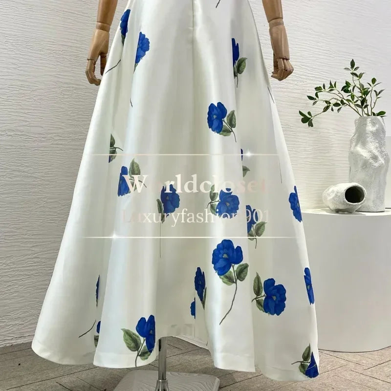 Luxury White & Blue Rose Ball Gown Maxi Dress | Strapless Vintage Floral Party Dress with Empire Waist - 2025 Collection