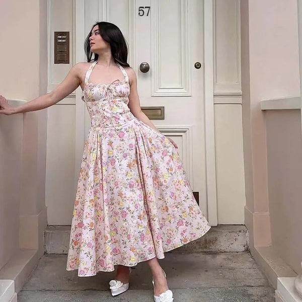 Backless Halter Midi Dress | Floral Lace Trim Dress with Low Waist - Women's Sexy Summer Party Dress