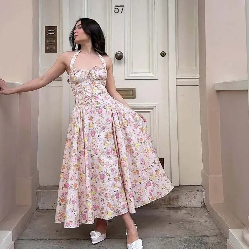 Backless Halter Midi Dress | Floral Lace Trim Dress with Low Waist - Women's Sexy Summer Party Dress