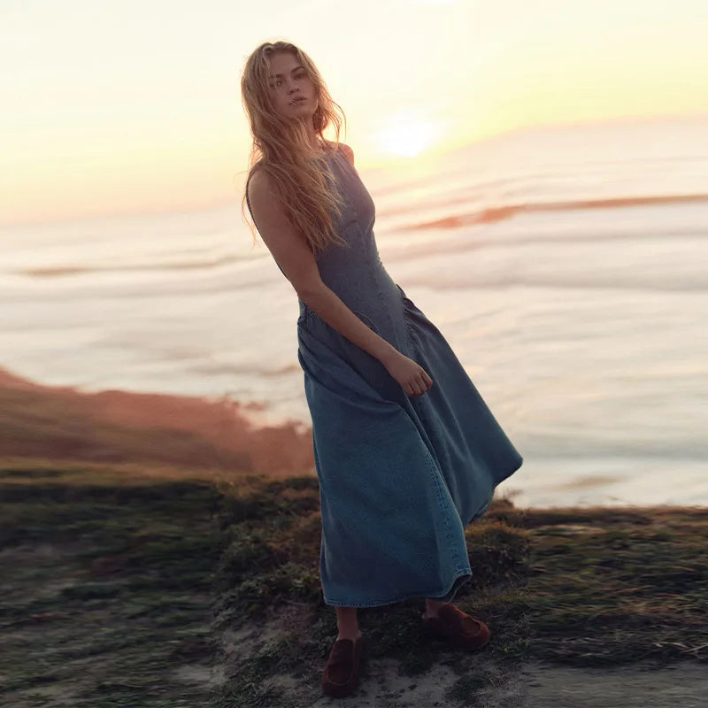 Backless Lace-Up Denim Maxi Dress | Sleeveless A-Line Summer Dress with Adjustable Corset Detail - High Street Fashion
