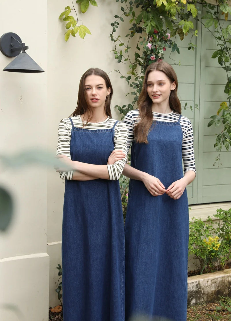 Adjustable Strap Denim Jumper Dress - Women's Vintage Overalls Style Ankle-Length Dress with Slash Neck