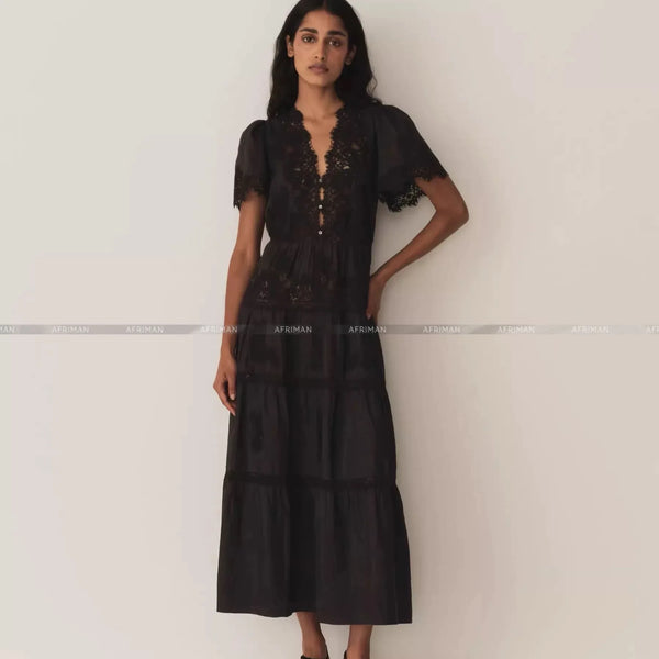 Breathable Ramie Midi Dress | Lace-Embroidered V-Neck Summer Dress - Women's Vintage Hollow Out Lace Dress