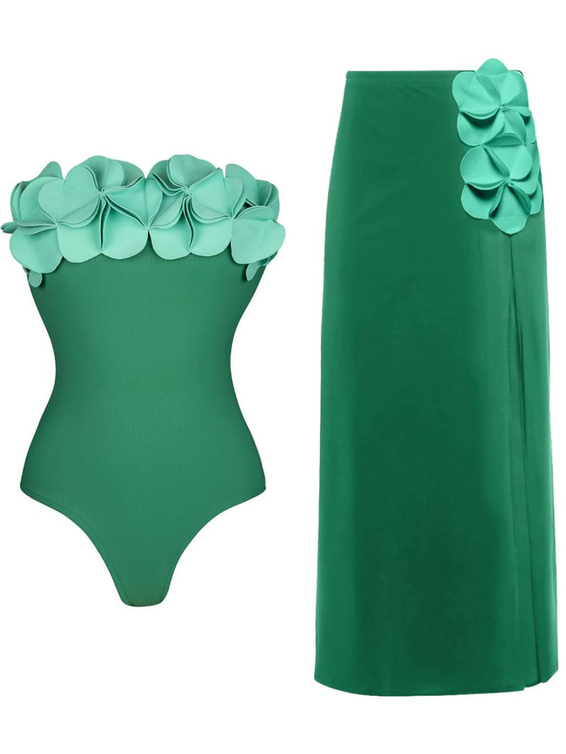 Women’s Floral One-Piece Swimsuit with Beach Skirt – Bandeau Bathing Suit Swimwear Beachwear 2025