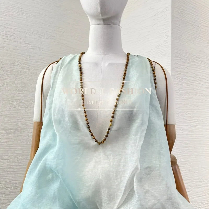 Women's Light Blue Linen-Silk Maxi Dress | Fairycore Beach Dress with Beading & Bow Details