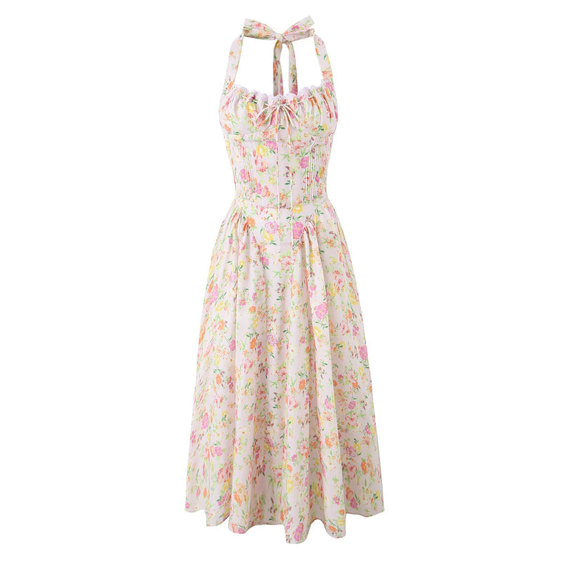 Backless Halter Midi Dress | Floral Lace Trim Dress with Low Waist - Women's Sexy Summer Party Dress