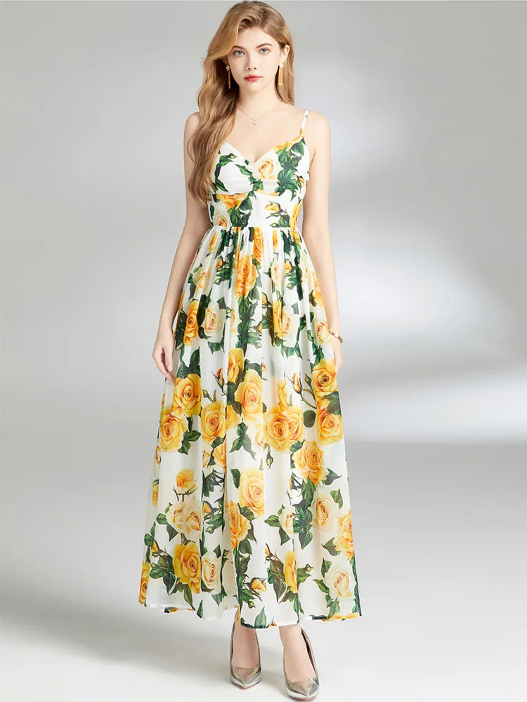 Boho Women's Floral Maxi Dress | Yellow Spaghetti Strap Empire Waist Chiffon Dress - Summer Beach Holiday Dress (Banulin)