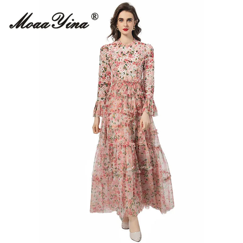 MoaaYina Bohemian Sequin Maxi Dress | Floral Print Ruffled Flare-Sleeve Dress with Net Yarn Detailing - 2025 Summer Collection