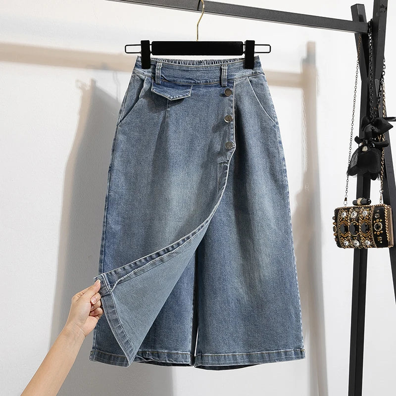Plus Size Empire Waist Denim Skirt | Adjustable Length Skirt | Korean A-Line Lined Skirt