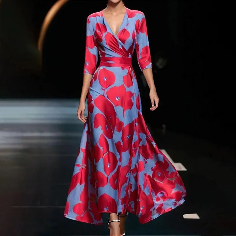 Bohemian Floral Print Maxi Dress | V-Neck 3/4 Sleeve Hollow Hem Dress - Spring Summer Party Wear