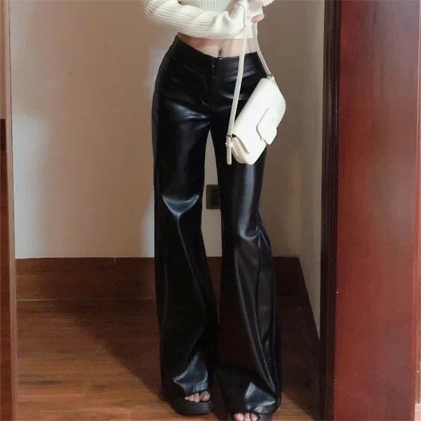 Plus Size High-Waist Flared PU Leather Pants | Vintage Wide-Leg Trousers | Autumn Black Bell Bottoms