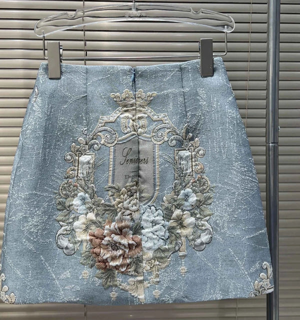 Spring Vintage Jacquard Skirt | Empire Waist Diamond Embroidery Mini | Luxury Slim Fit Acetate-Spandex Skirt