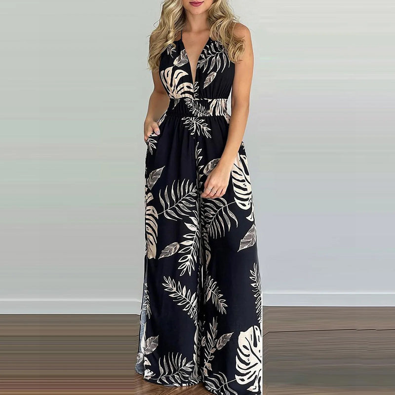 Floral Backless Beach Romper: Sleeveless Vacation Jumpsuit with Adjustable Fit