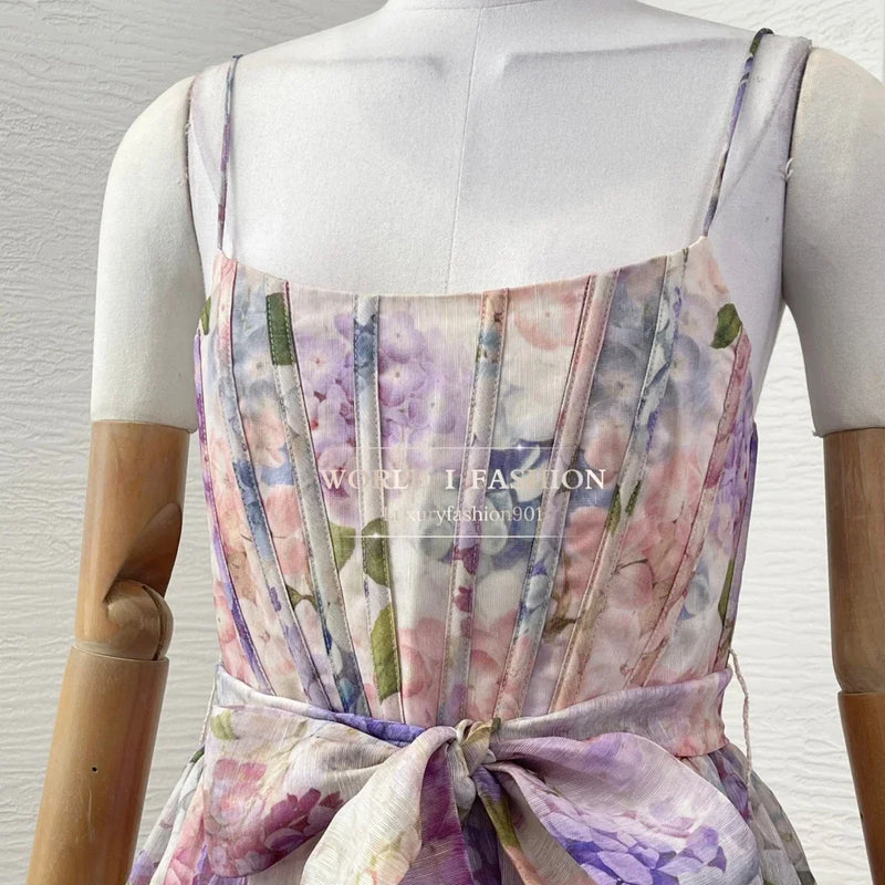 Women's Linen-Silk Floral Midi Dress | Vintage Square Neck & Empire Waist